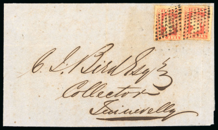 Stamp of India » 1854 Lithographs 1855 1a Deep Red Die I two singles on cover cancelled with diamond of dots cancel, posted from Palamootah to Tirunelvelli
