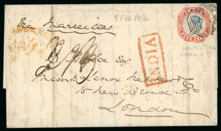 Stamp of India » 1854 Lithographs 1855 SG22 4a Fourth printing Head die III frame Die II cut to shape on cover tied with octagonal cancel going to London via Marseille