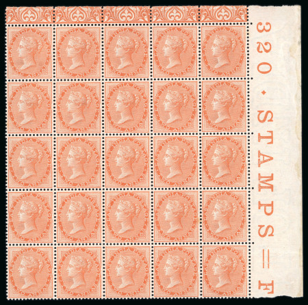 Stamp of India » 1855-1946 De La Rue and later Crown Colony Issues 1865 SG62 2a Orange De La Rue printing block of 25