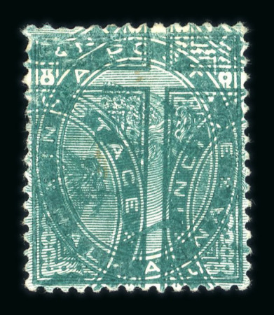 Stamp of India » 1855-1946 De La Rue and later Crown Colony Issues 1882 SG85a 1/2a Blue Green clear double impression