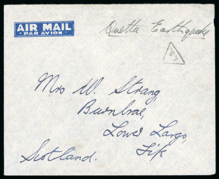 Stamp of India » 1855-1946 De La Rue and later Crown Colony Issues 1935 Stampless cover to Scotland endorsed "Quetta Earthquake"