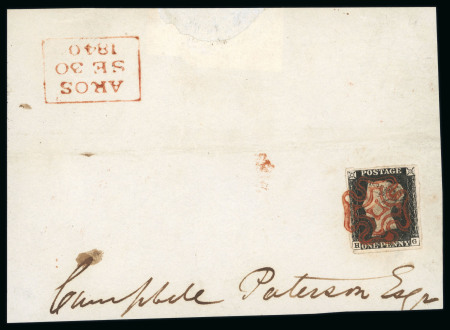 Stamp of Great Britain » 1840 1d Black and 1d Red plates 1a to 11 1840 1d black pl.4 HG tied to large piece by an exceptional strike of the double lined Aros Maltese Cross