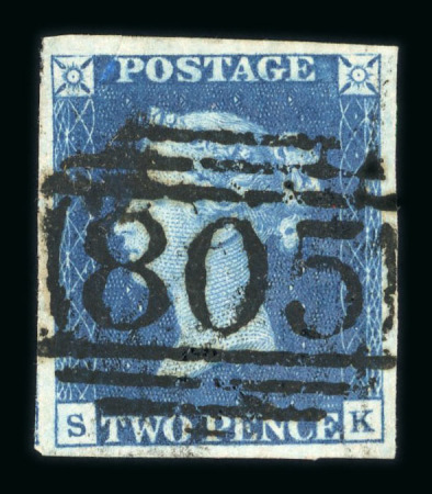 Stamp of Great Britain » 1840 2d Blue (ordered by plate number) 1840 2d blue pl.2 SK, good to large margins, with crisp, upright and central "805" 1844-type numeral of Torquay