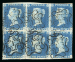 Stamp of Great Britain » 1840 2d Blue (ordered by plate number) 1840 2d blue pl.1 EJ/FL block of six with London "1" in Maltese Cross cancels