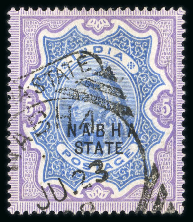 Stamp of Indian States » Nabha 1897 5r ultramarine and violet used with neat Nabha hooded squared circle ds