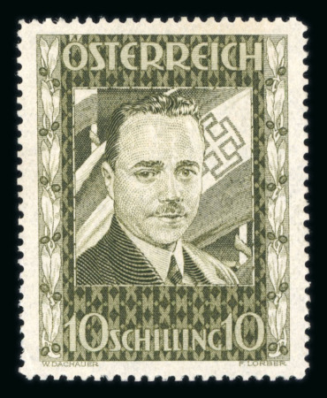 Stamp of Austria » 1st. Republic Austria Österreich 1936 Dollfuß 10S als gezähnte Farbprobe in dunkelgrauoliv