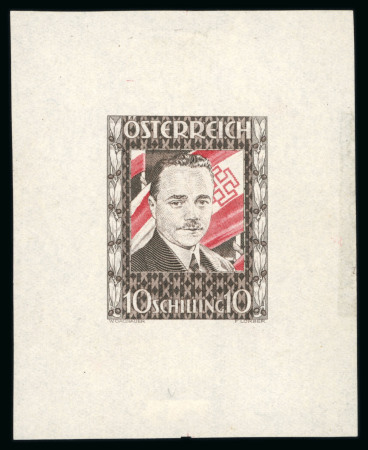 Stamp of Austria » 1st. Republic Austria Österreich 1936 Dollfuß 10S als ungez. Einzelabzug in Farbprobe dunkelbraun/karminrot (*)