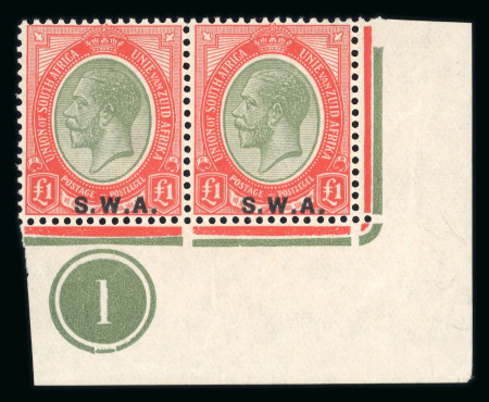 Stamp of South West Africa SWA 1927-30 £1 ovpt shifted corner plate pair mnh, cert