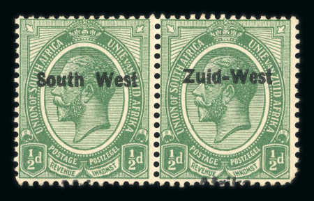 Stamp of South West Africa SWA 1923 Type I 1/2d. green pair variety South West/ Zuid-West only
