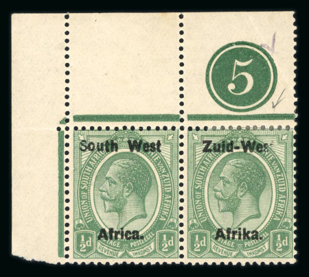 Stamp of South West Africa SWA 1923 Type I 1/2d. green plate pair variety Wes for West