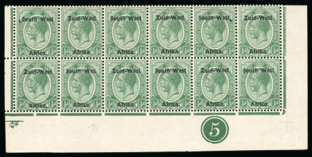 Stamp of South West Africa SWA 1923 Type I 1/2d. green plate block 12, one Wes variety mnh