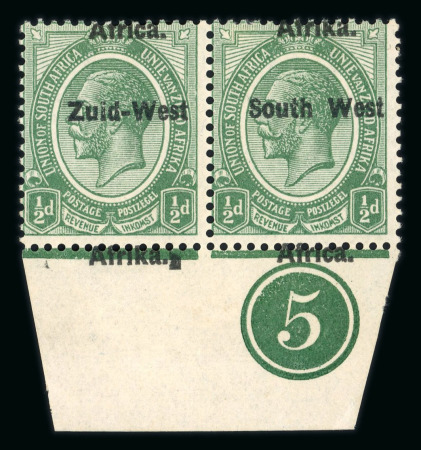 Stamp of South West Africa SWA 1923 Type I 1/2d. green plate 5 pair variety Africa/Afrika at top mh