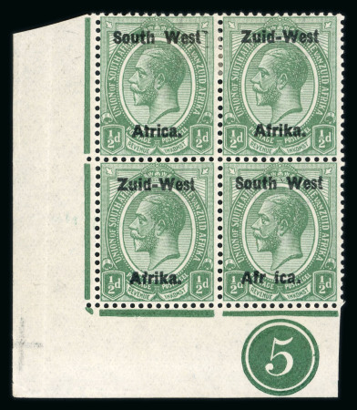 Stamp of South West Africa SWA 1923 Type I 1/2d. green plate block Afr ica variety plus a ovpt shift block