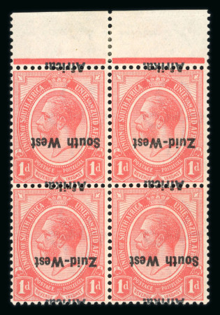 Stamp of South West Africa SWA 1923 Type I 1d top margin block 4 inverted ovpt