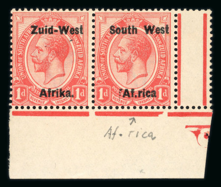 Stamp of South West Africa SWA 1923 Type I 1d  marginal pair, Af.rica variety mnh