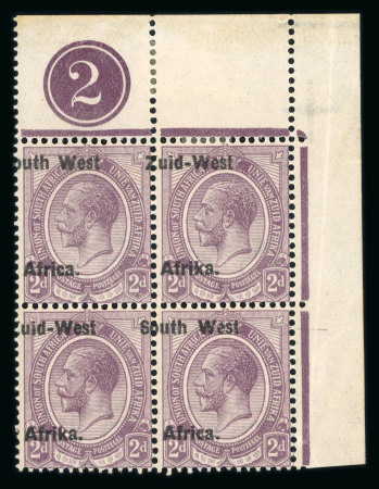 Stamp of South West Africa SWA 1923 2d  top right plate block of four shifted ovpt mh