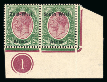 Stamp of South West Africa SWA 1923 Type I 2/6d purple and green corner plate marginal pair mh