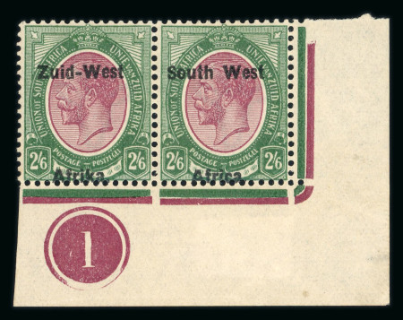 Stamp of South West Africa SWA Type I 1923 2/6d purple and green corner plate marginal pair ovpt shift mh