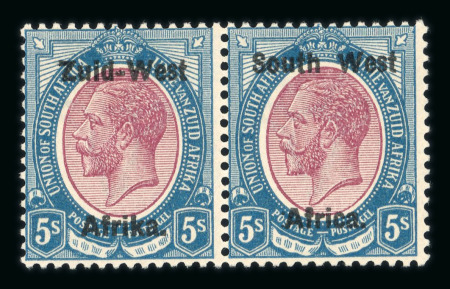 Stamp of South West Africa SWA 1923 Type I 5/- purple and blue pair, lower ovpt on left mnh