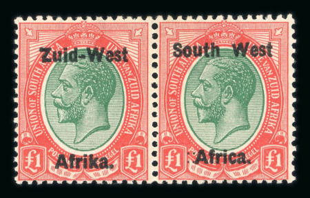 Stamp of South West Africa SWA 1923 Type I £1 green and red misaligned ovpt and stubbed Z mh