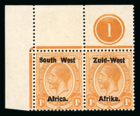 Stamp of South West Africa SWA 1923 Type 1a Lithographed overprint 1/- top marginal plate pair mnh