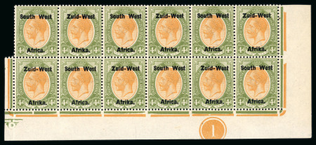 Stamp of South West Africa SWA 1923Type 1a Lithographed overprint 4d corner marginal plate block of 12 mnh