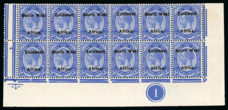 Stamp of South West Africa SWA 1924 Type VI ovpt 16mm 3d deep bright blue plate block 12 mnh