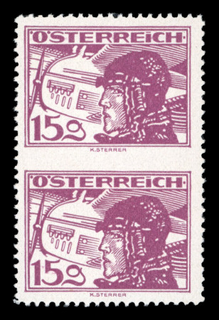 Stamp of Austria » 1st. Republic Austria Österreich 1925-30 Pilotenkopf 15g senkrechtes Paar Mitte UNGEZÄHNT