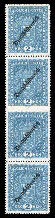 Stamp of Austria » Deutsch-Österreich Austria Österreich 1919 Wappen 2K grl'blau in senkr. Viererstreifen mit Paar in der Mitte UNGEZÄHNT