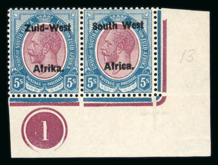 Stamp of South West Africa SWA 1923 Type 2 10m spacing 5s corner plate marginal pair mh