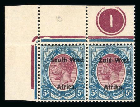 Stamp of South West Africa SWA 1923 Type 2 10m spacing 5s corner plate marginal pairs x4 mh