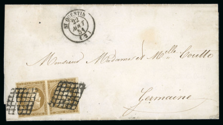 Stamp of France » Lettres Classiques 1851, Cérès Y&T n°1b 10c bistre-verdâtre en paire oblitérée