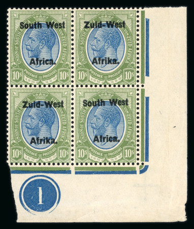 Stamp of South West Africa SWA 1923 Type 2 10m spacing 10/- corner plate block of four mnh