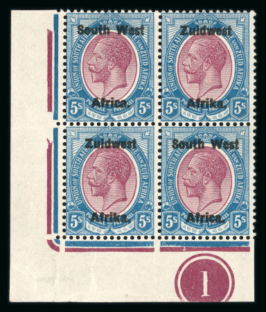 Stamp of South West Africa SWA 1923 Type III Bold Ovpt 5/- purple and blue corner plate block 4 mnh