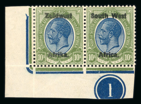Stamp of South West Africa SWA 1923 Type III Bold Ovpt 10/- corner plate pair mh