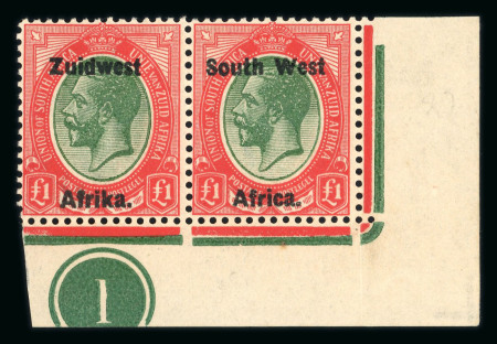 Stamp of South West Africa SWA 1923 Type III Bold Ovpt £1 corner plate pair mnh