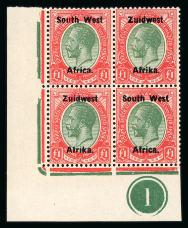 Stamp of South West Africa SWA 1923 Type III Bold Ovpt £1 corner plate block of 4 mnh