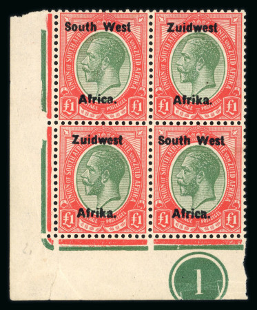 Stamp of South West Africa SWA 1923 Type III Bold Ovpt £1 corner plate block of 4 mnh