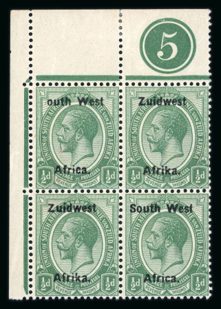Stamp of South West Africa SWA 1923 Type IIIA thinner ovpt 1/2d plate block 4 mnh