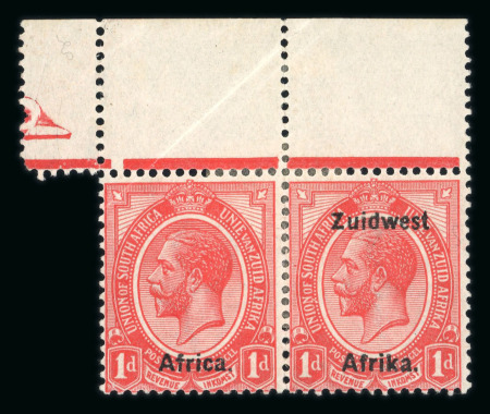 Stamp of South West Africa SWA 1923 Type IIIA thinner ovpt 1d top margin pair South West ommitted mh
