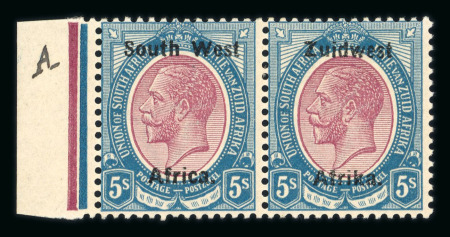 Stamp of South West Africa SWA 1923 Type IIIA thinner ovpt 5/-  pair mnh