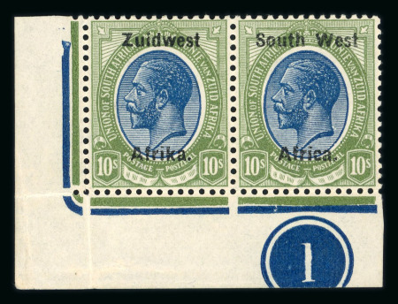 Stamp of South West Africa SWA 1923 Type IIIA thinner ovpt 10/-  plate pair mnh
