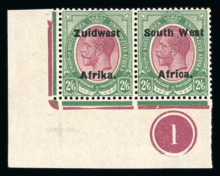 Stamp of South West Africa SWA 1924 Type VI ovpt 16mm 2/6 corner plate pair mnh