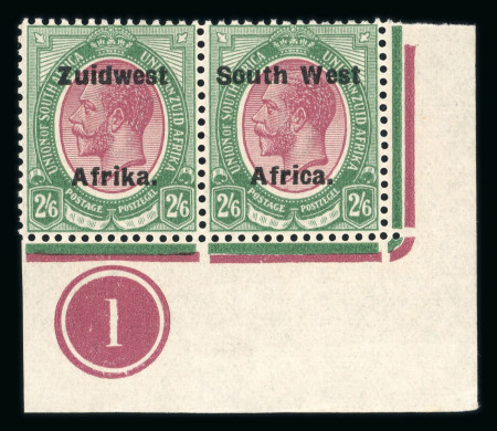 Stamp of South West Africa SWA 1924 Type VI ovpt 16mm 2/6 corner plate pair mnh
