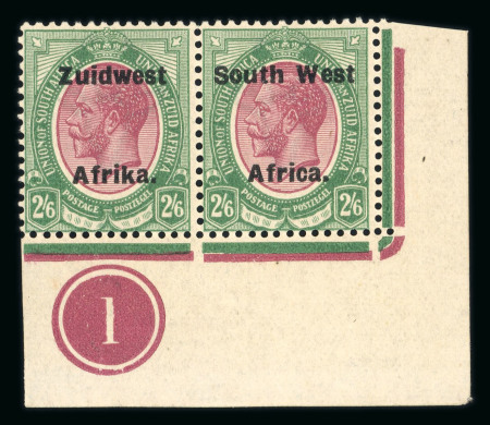 Stamp of South West Africa SWA 1924 Type VI ovpt 16mm 2/6 corner plate pair mnh