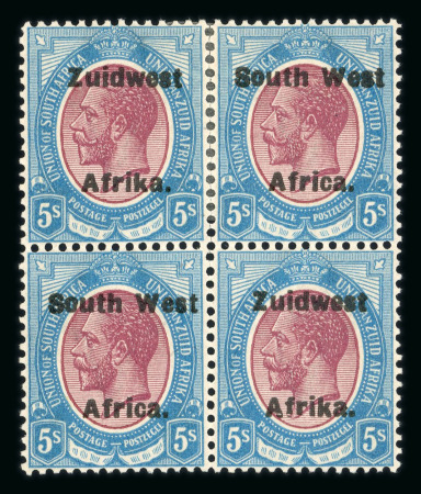Stamp of South West Africa SWA 1924 Type VI ovpt 16mm 5/- block of 4 mh/mnh