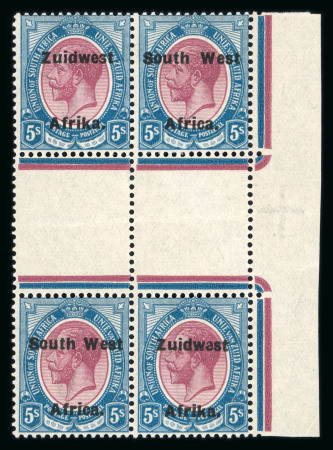Stamp of South West Africa SWA 1924 Type VI ovpt 16mm 5/- inter panneau marginal block of 4 mnh