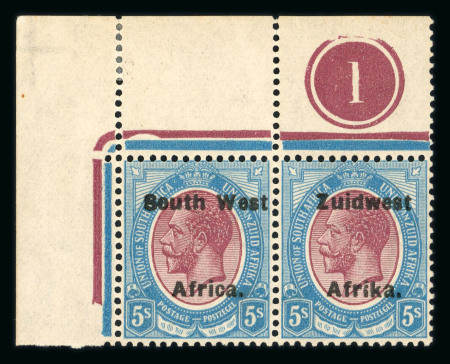 Stamp of South West Africa SWA 1924 Type VI ovpt 16mm 5/- plate marginal pair mnh