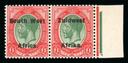 Stamp of South West Africa SWA 1924 Type VI ovpt 16mm £1 marginal pair  mnh