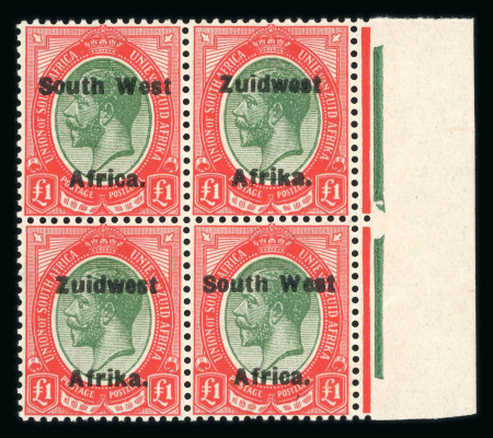Stamp of South West Africa SWA 1924 Type VI ovpt 16mm £1 marginal block of 4 mnh